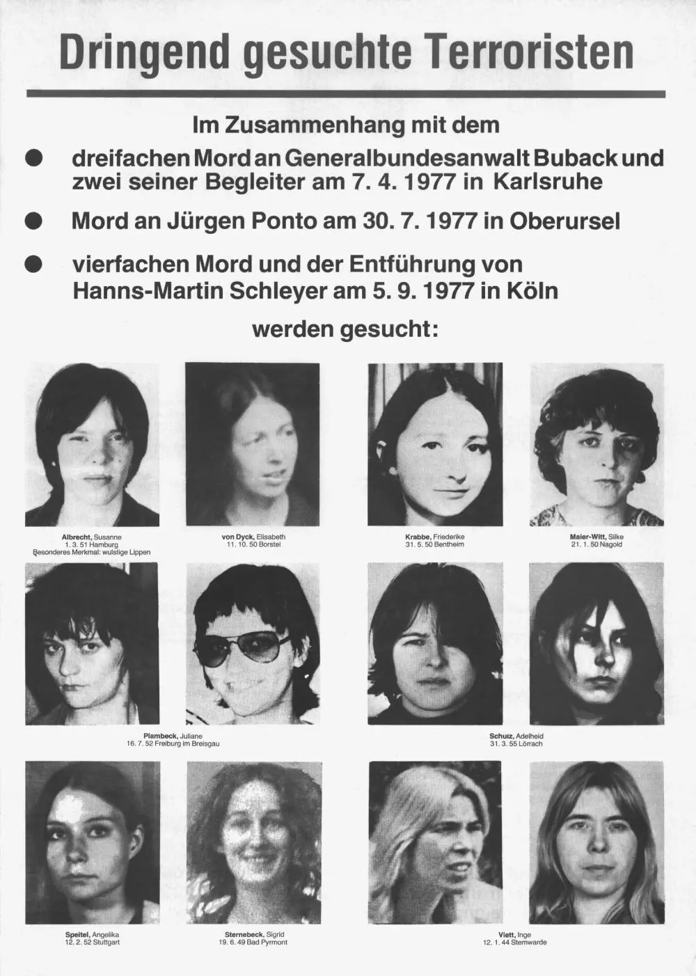 Vorderseite des Faltblattes "Dringend gesuchte Terroristen"