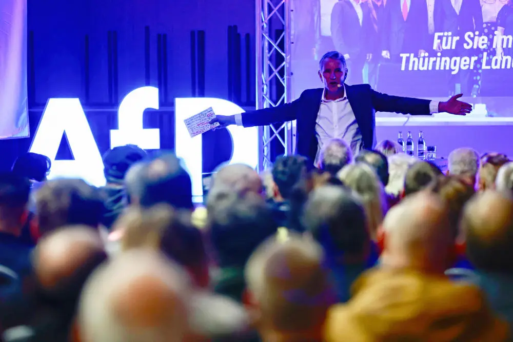 Björn Höcke (AfD) spricht auf einer Veranstaltung in Sundhausen vor Publikum