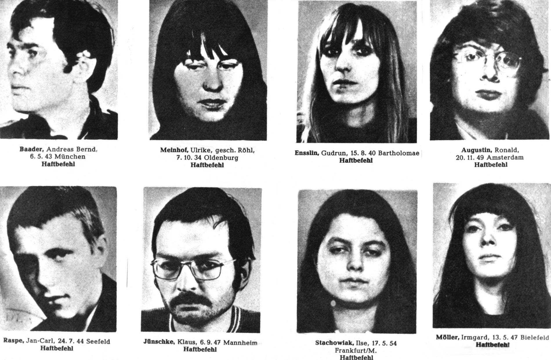 Ausschnitt Fahndungsfotos von Terroristen der Baader Meinhof Gruppe