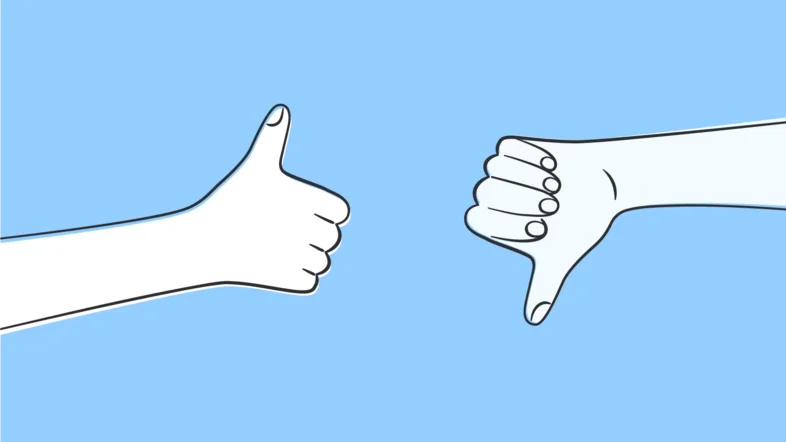 Ein Abbild eines hochgehaltenen und eines herunterzeigenden Daumens.