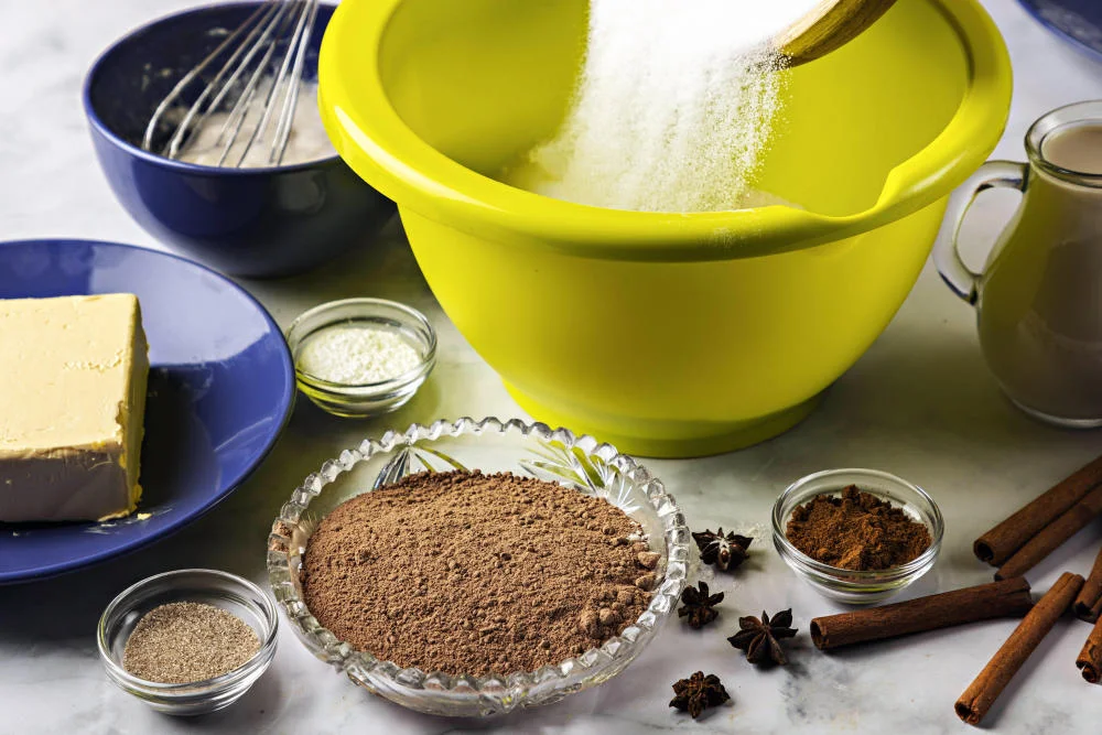 Zucker wird in Teigschüssel geleert umgeben von Backzutaten