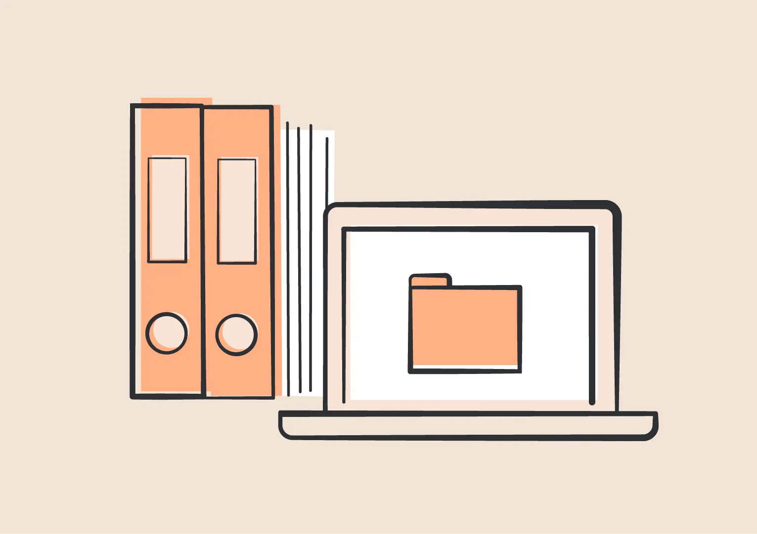 Illustration von einem Laptop mit einem Ordnerzeichen, steht neben Aktenordnern