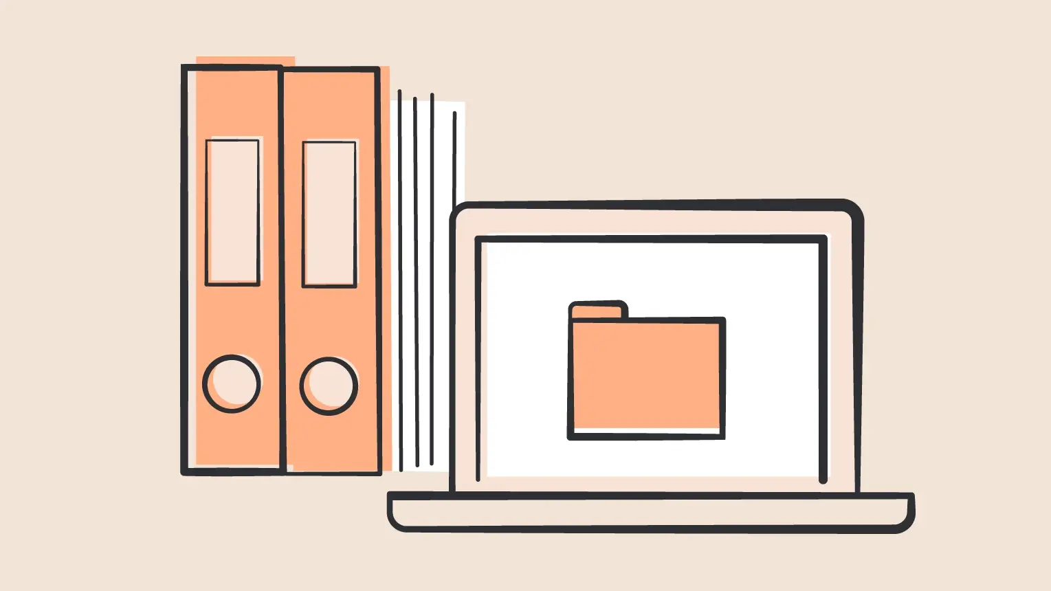 Illustration von einem Laptop mit einem Ordnerzeichen, steht neben Aktenordnern