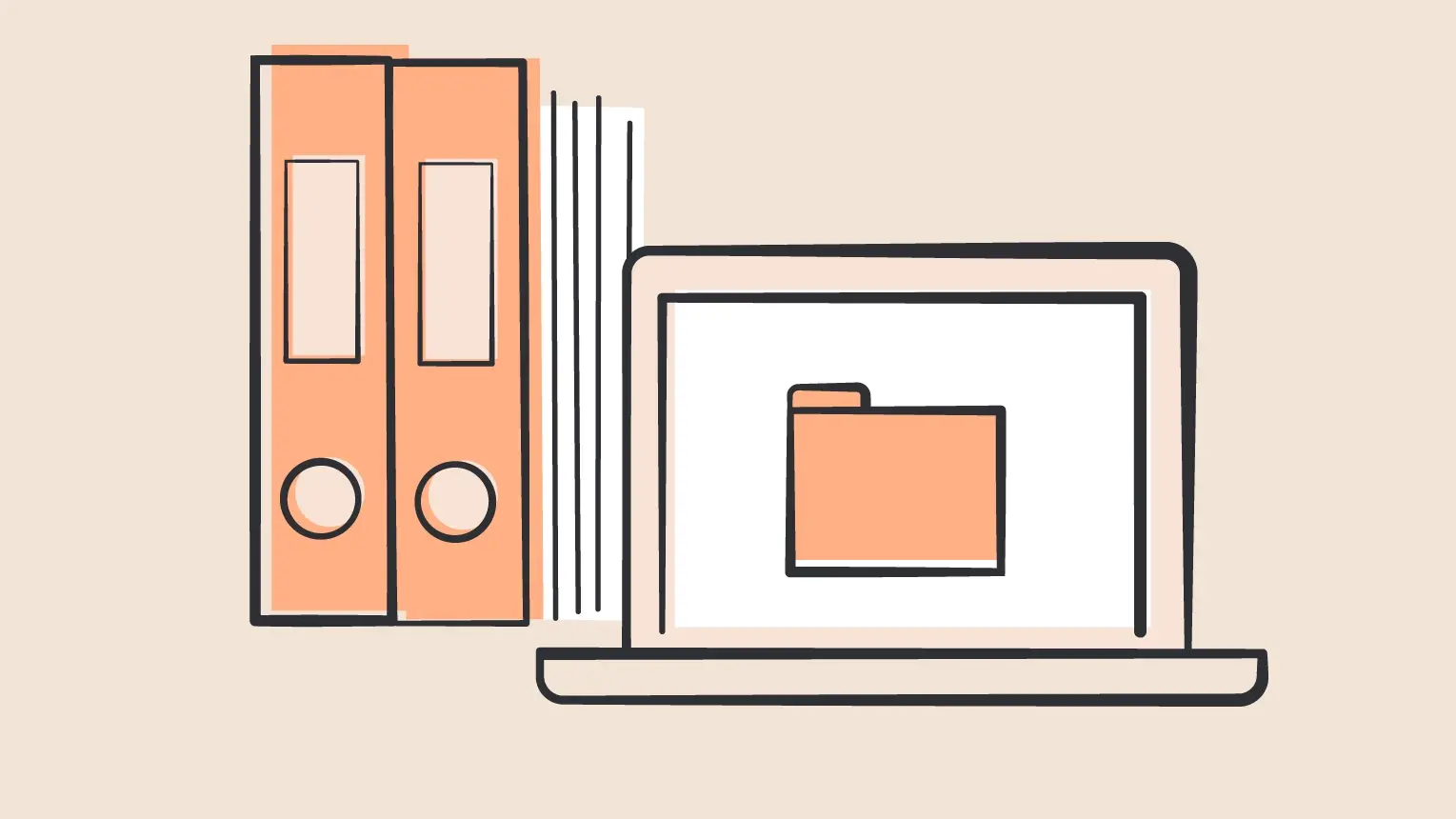 Illustration von einem Laptop mit einem Ordnerzeichen, steht neben Aktenordnern