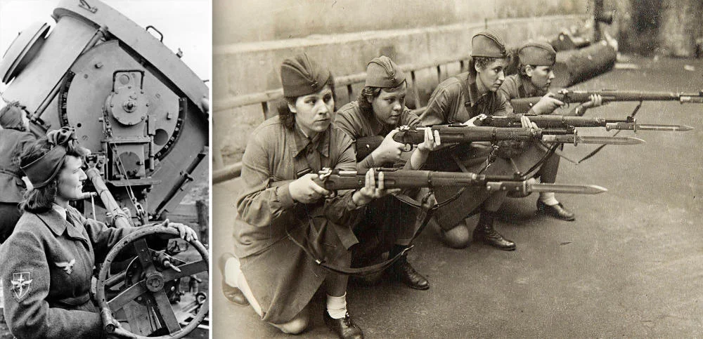 Flakhelferinnen der Wehrmacht und Soldatinnen der Roten Armee