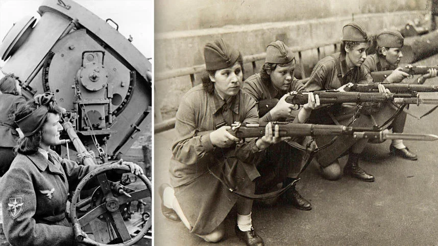 Flakhelferinnen der Wehrmacht und Soldatinnen der Roten Armee