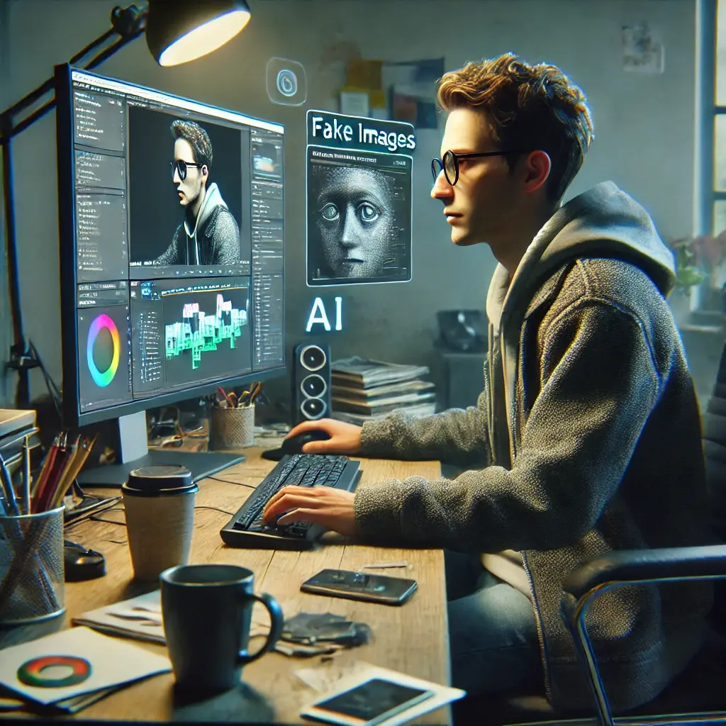 KI-generiertes Bild eines jungen Mannes, der vor einem Computer sitzt