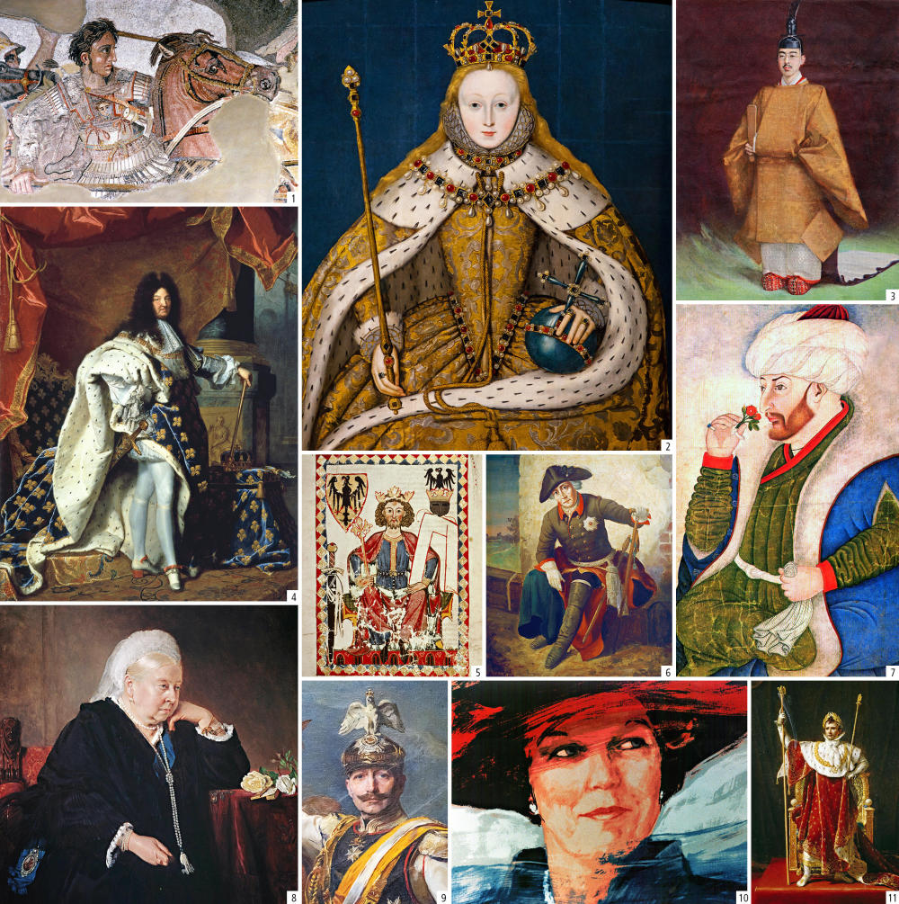 Verschiedene Herrscherbildnisse unter anderem von Alexander dem Großen, Königin Elisabeth I und Kaiser Wilhelm II.,